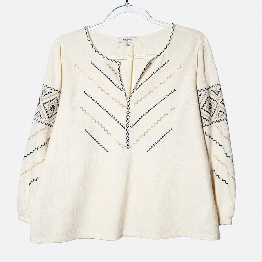 Madewell Embroidered Gauze Peasant Top Antique‎ Cream Blouse L XL 0X 1X Boho